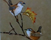 Fall Wrens & Leaves on Suede Colored Pencil