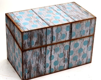 Wood Recipe Box Blue and White Polka Dot Barn Wood Fits 4x6 Cards