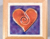 Heart Treasure Box ~ Jewelry Box ~ Ceramic Art Tile ~ Wooden Keepsake Box ~ Purple ~ Orange