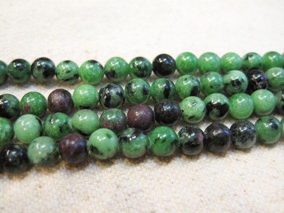 Deep Green Zoisite with Ruby Gemstone Round Beads 6mm Natural