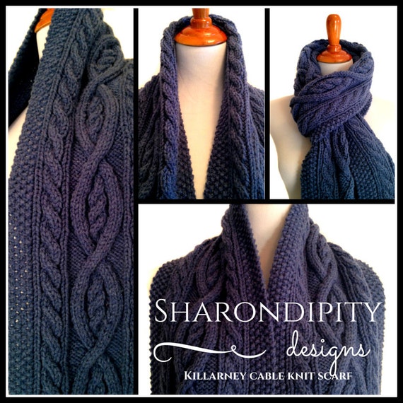 Cable Knit Scarf Denim Blue Traditional Irish Cable Knit