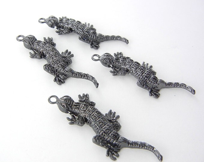 4 Hematite Dark Silver-tone Lizard Charm Pendants Textured