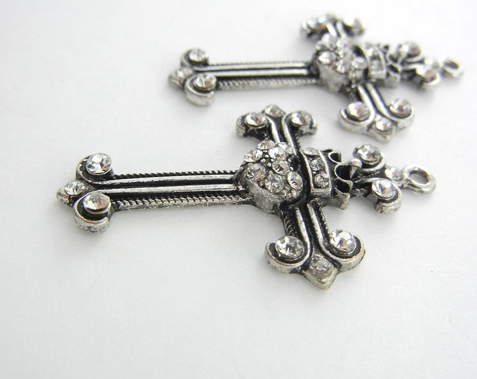 Pair of Antique Silver-tone Cross Charms with Rhinestones