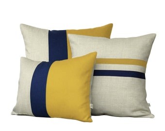 Mustard Yellow Pillow Cover Set - Color Block and Striped Pillows by JillianReneDecor (Set of 3) - Yellow and Navy - Colorblock Pillow Trio