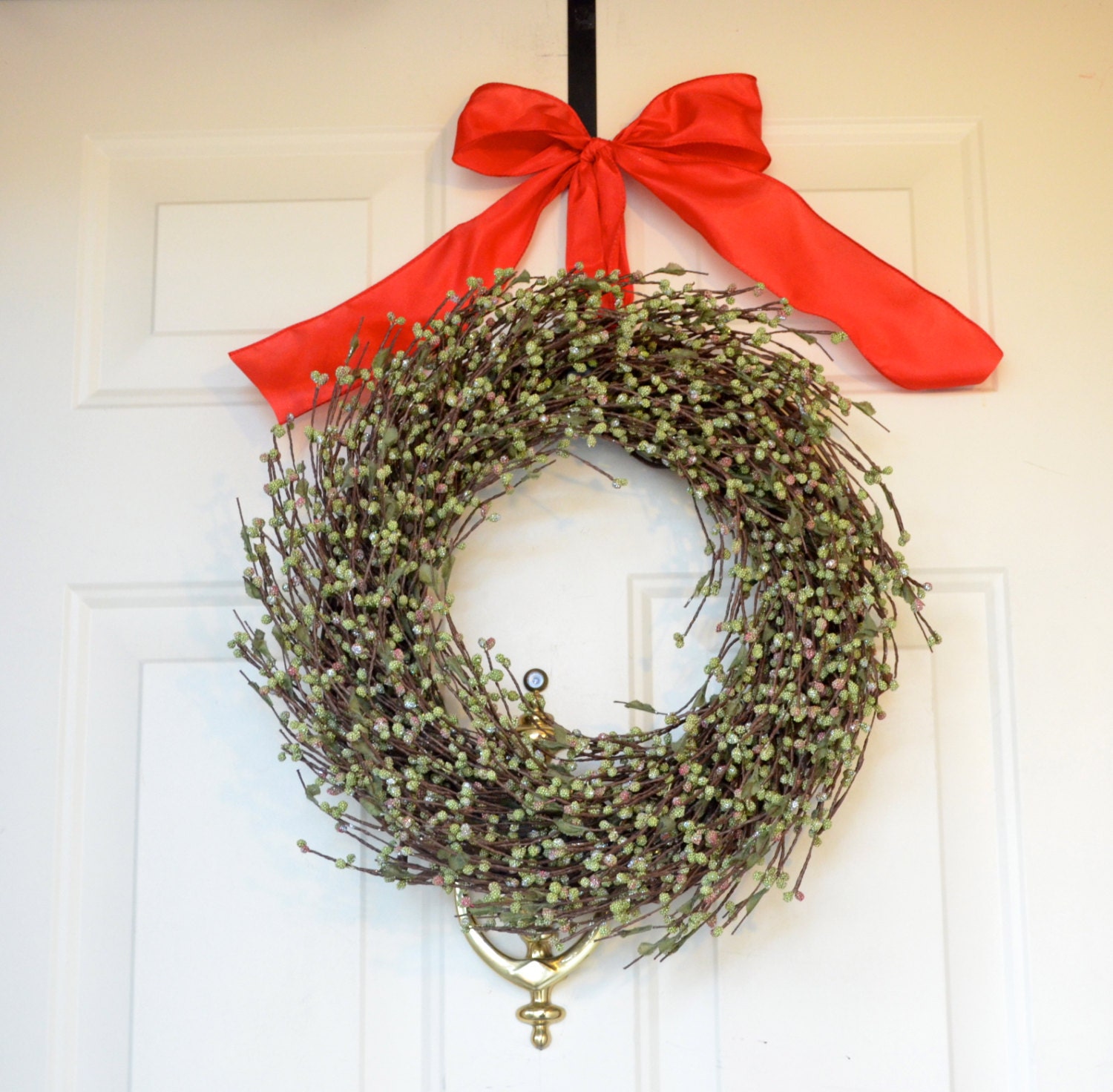 Green Raspberry Wreath - Christmas Wreath - Holiday front Door decor - Sage green raspberries - silver glitter