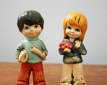 vintage 70s Big Eyed Boy & Girl Bell Bottom Kids Kitsch Figurines // Retro Room Decor