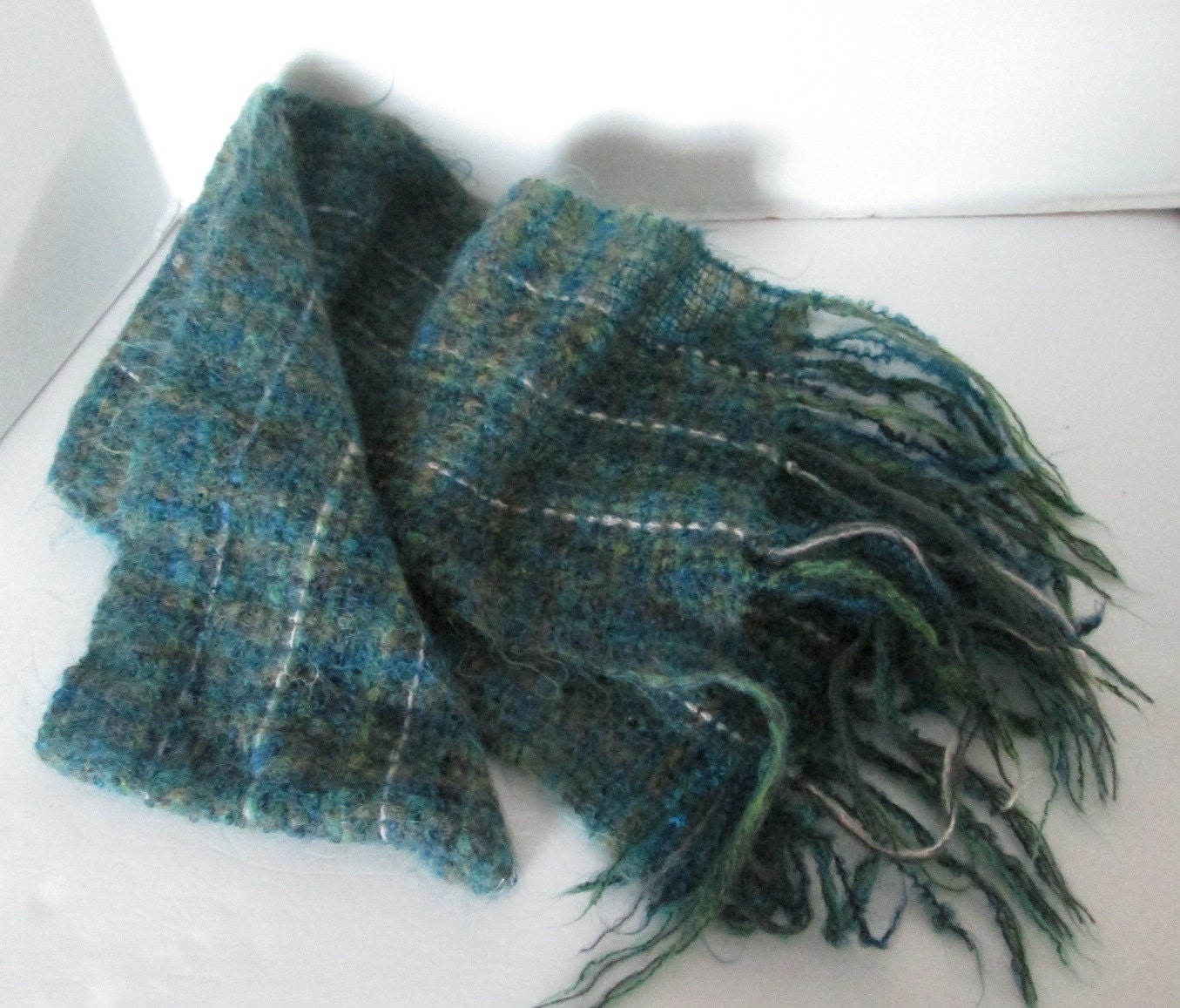Handwoven Wool / Mohair Scarf Vintage Green Blue by RetroExchange