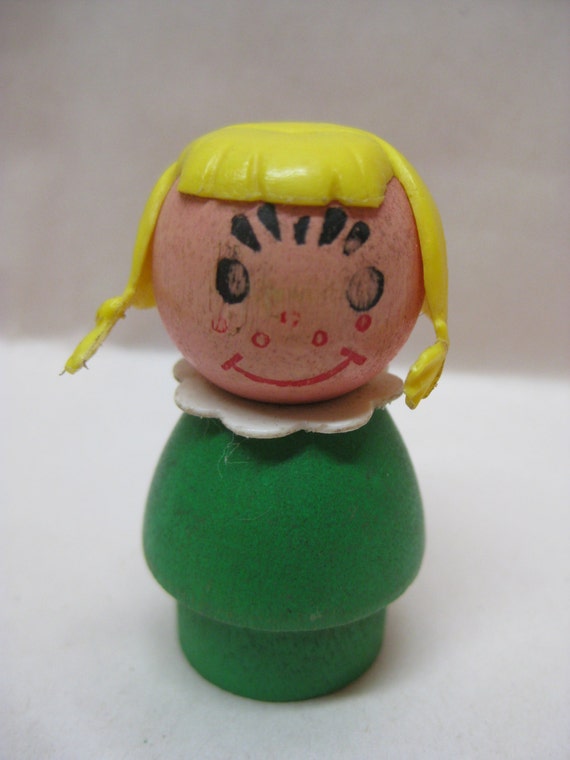 Girl Blond Green Little People Fisher Price Plastic Wood Toy