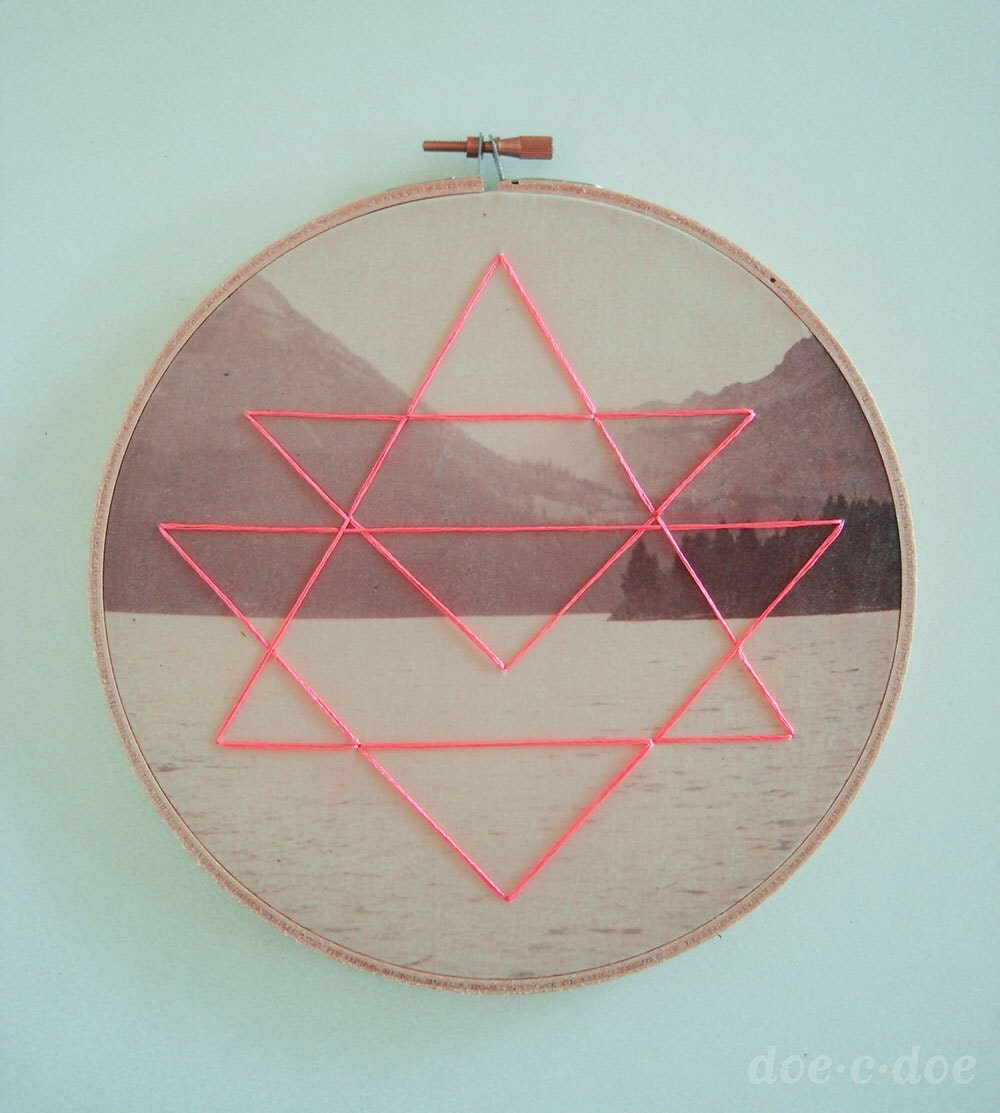Embroidered Geometric on Found Vintage Photograph Fabric Hoop