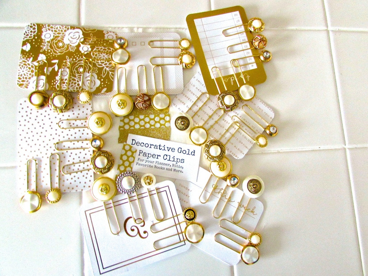 Gold Paper Clips Set Gold Rhinestone and Pearl 5 Per Set