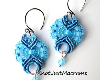 Soft Blue Lace Beaded Macrame Earrings MicroMacrame