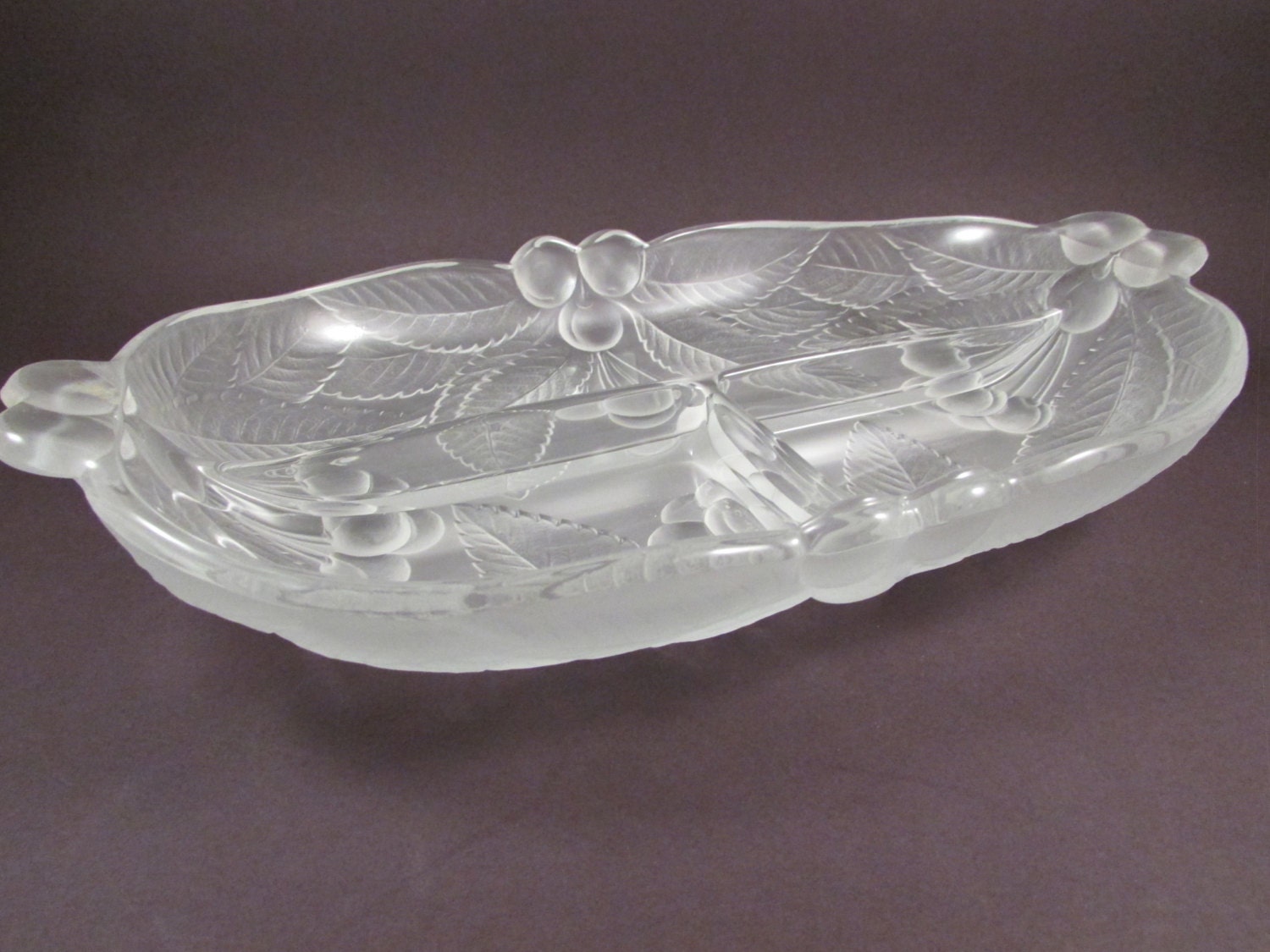 Vintage Hoya Glass Divided Relish Dish Decorated With Cherries