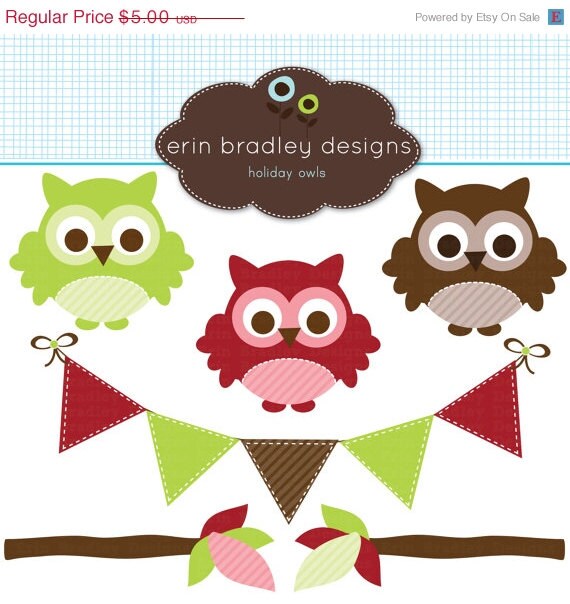 50% OFF Holiday Owls Clipart Clip Art Personal & Commercial Use Christmas Bunting and Tree Branches Il_570xn
