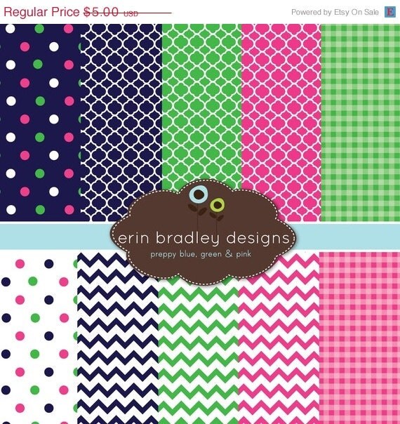 50% OFF Digital Scrapbook Papers Personal and Commercial Use Preppy Navy Blue Pink and Green Il_570xn