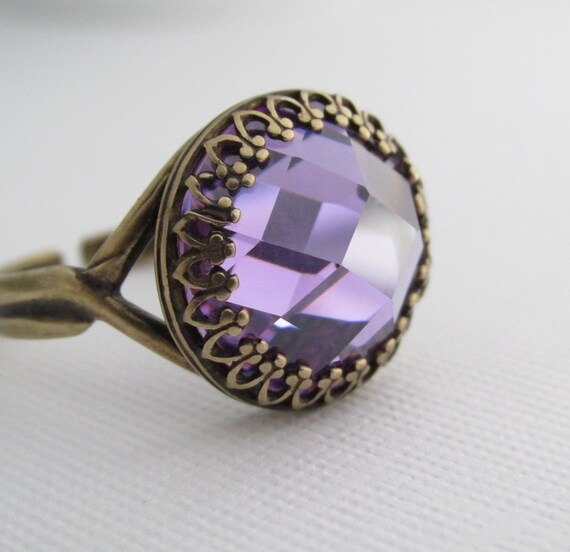 Purple Amethyst Ring Round Cubic Zirconia Lavender Stone