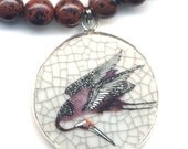 Porcelain Pendant Necklace, Crane Necklace, Red Mahgony Obsidian  Necklace, Bird Jewelry, OOAK Necklace by AnnaArt72