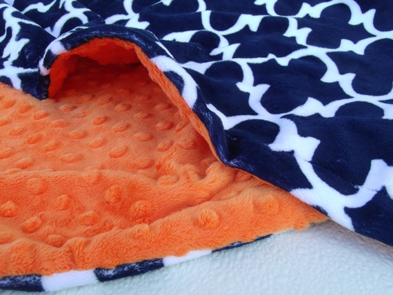 Orange and Navy Quatrefoil Minky Baby BlanketCan Be