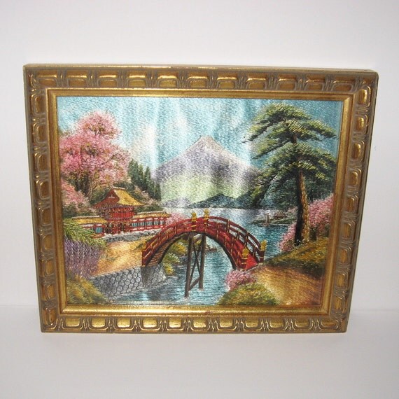 Vintage Silk Embroidery  Asian Decor  Framed  Art  Bridge