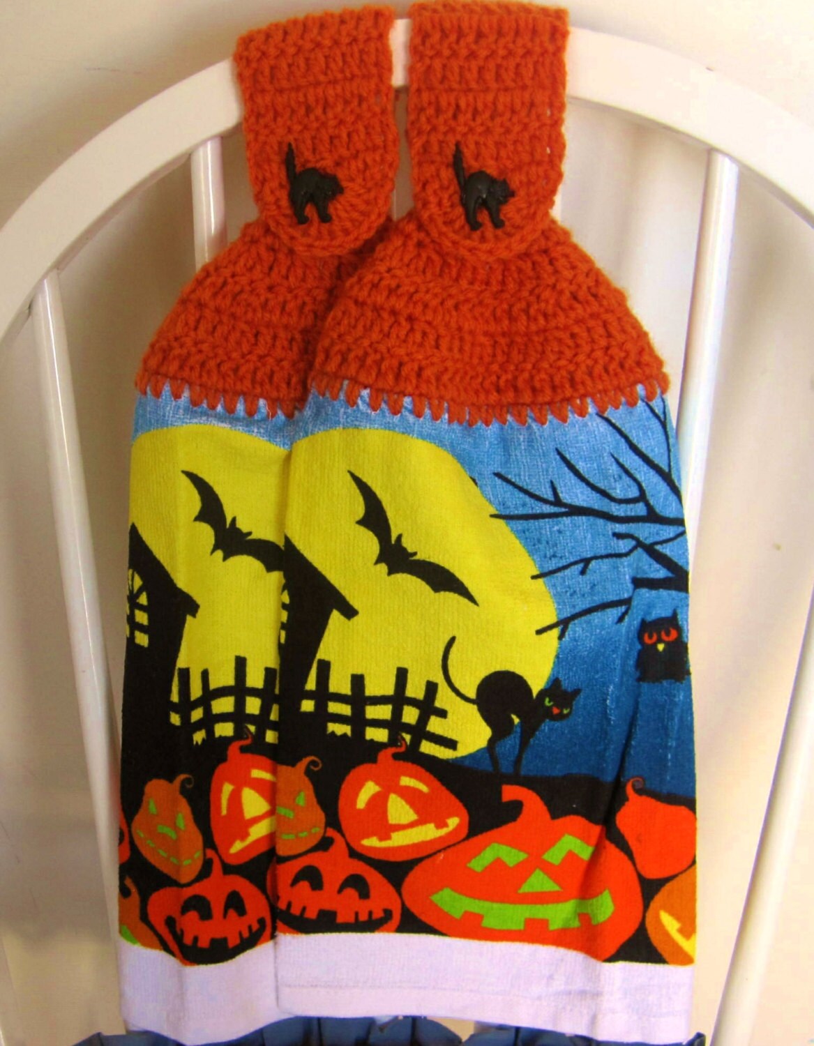 2 Crocheted Halloween Hanging Kitchen Towels Scary Night