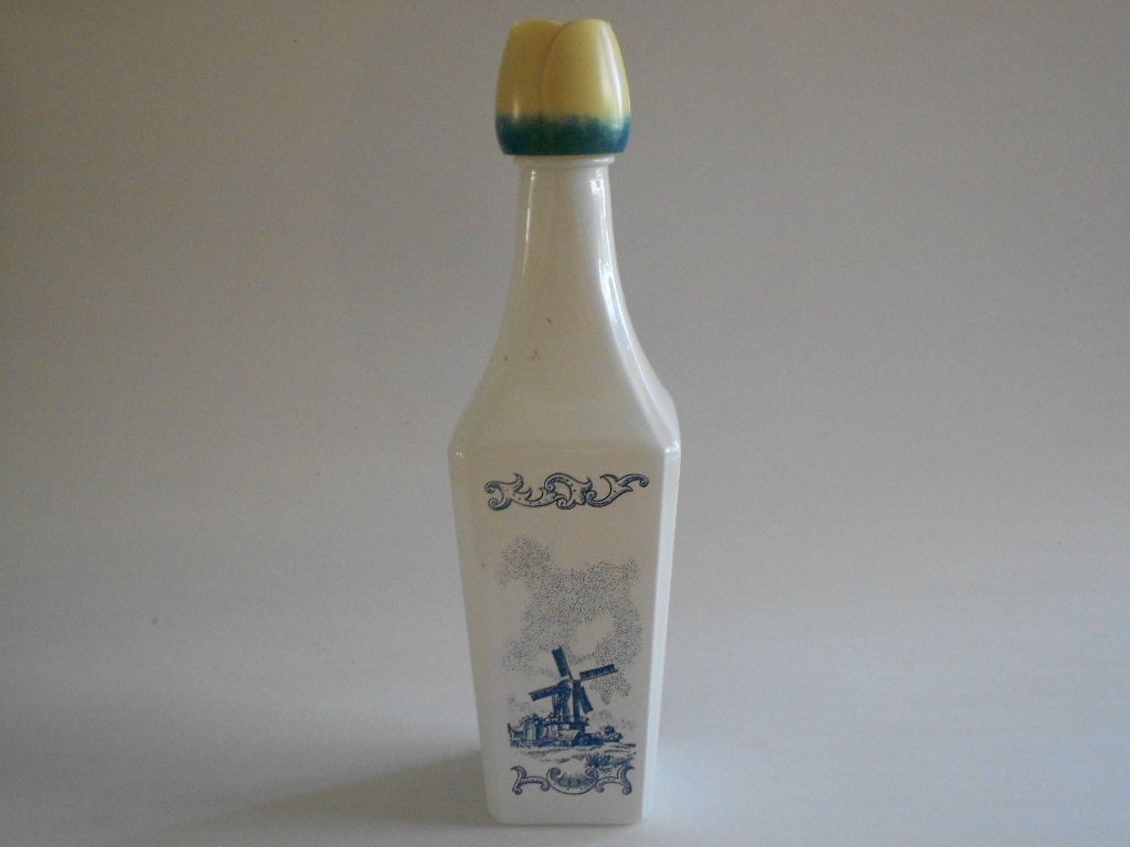 Blue White Vintage Liquor Bottle Holland Windmills Sailboats