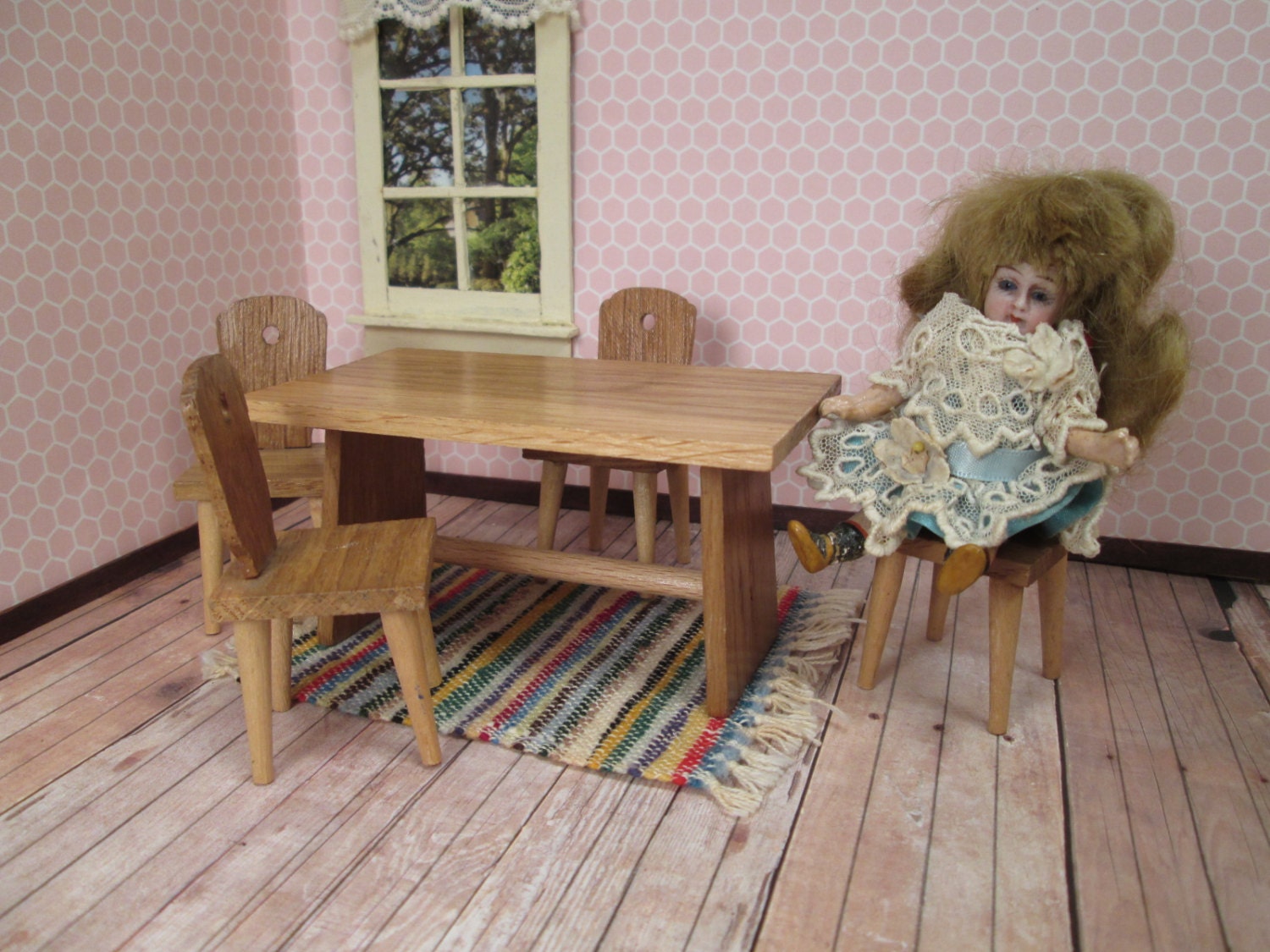 Vintage Wooden Doll House Furniture Table and Four Chairs 3/4