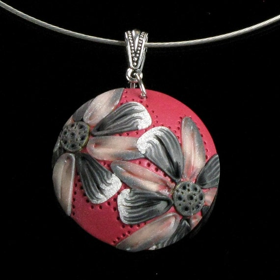 Red Flower Necklace Polymer Clay Flower Pendant Floral Art