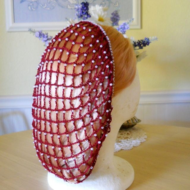Beaded Snood Hair Net Burgundy with Pearls