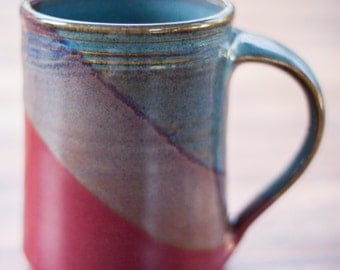 Large Handmade Ceramic Mugs -- Two toned colored Twilight and Raspberry -- 16 oz Hand crafted blue and red cup