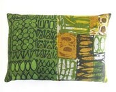 Throw Pillow - Mid Century Modern Linen Pillow Cover - 1950s Eames Era Fabric in Olive Green and Gold / 20" x 13"