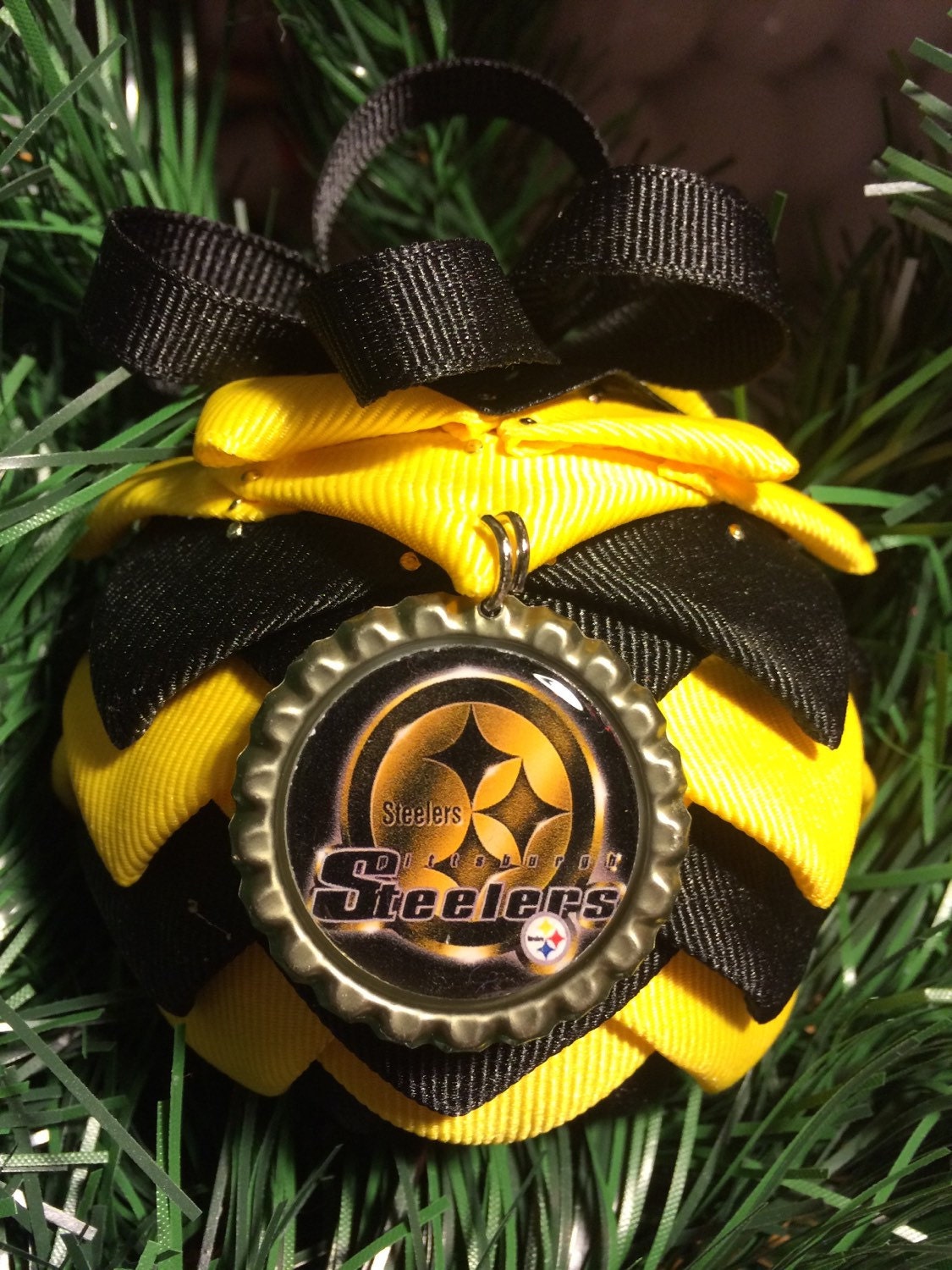 Steelers inspired bottle cap charm Christmas quilted Ornament Handmade