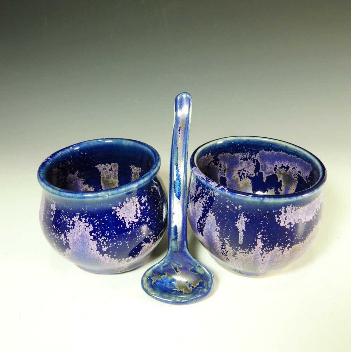 Salt and Pepper Condiment Bowls with Handmade Spoon in Purple