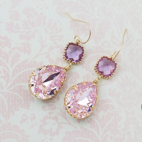 Rosaline Pink Swarovski Crystal GOLD FILLED Earrings Dangle