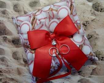 Baseball White Red Fabric Red Bow Baseball softball Charm Wedding Ring Bearer Pillow