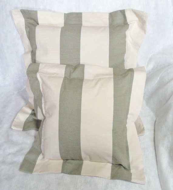 Green & cream striped Pillow set flange Shabby by SewnInspirations