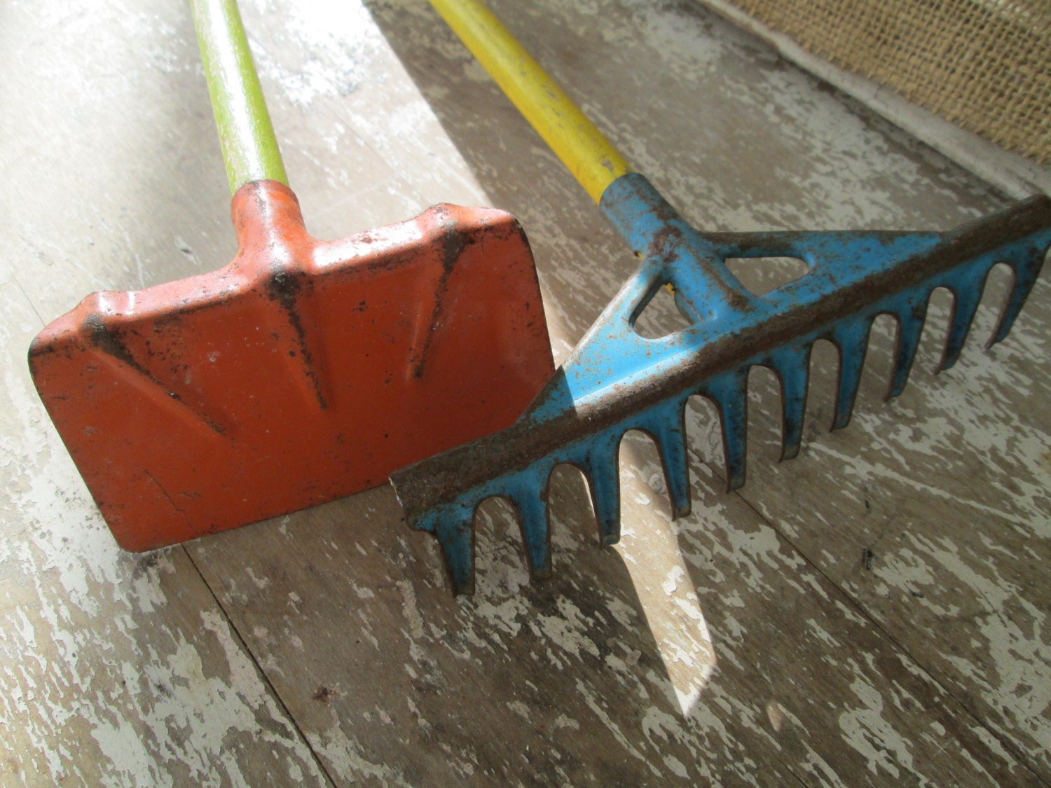 Vintage Child's Rake and Hoe Orange Metal Hoe Blue by AntiquesPlus