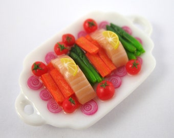 Dollhouse Miniature Food Salmon and Vegetable Platter in 12th Scale