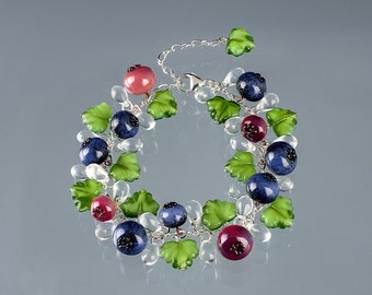 Glass Blueberry Bracelet ADJUSTABLE LENGTH Lampwork bead jewelry hand blown glass art birthday gift or anniversary gift for gardener, cook