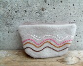 Felted coin purse - upcycled pouch in sand and pink - abstract waves embroidered by hands