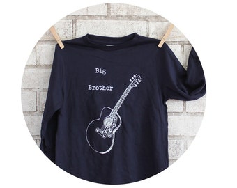 Guitar Big Brother Youth Tshirt, String Instrument, Musician, Hand Screen-Printed, Long Sleeved Cotton Navy TShirt, New Child Sibling Gift