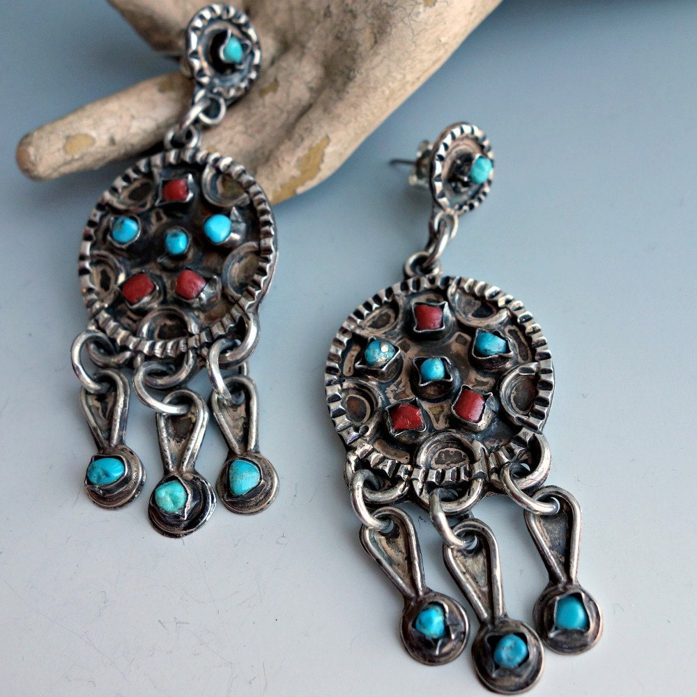 Vintage Mexican Turquoise Coral Sterling Earrings Taxco