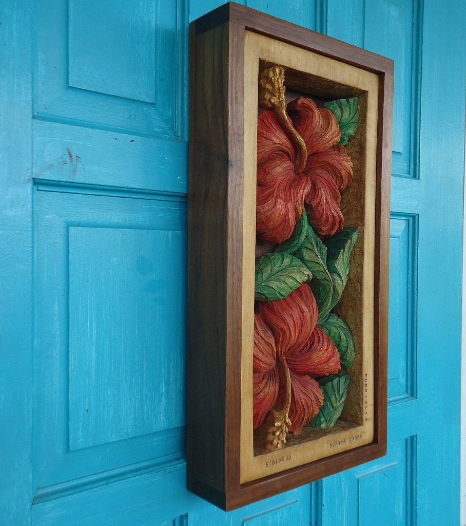 Hibiscus Flower Wood Carving Hand Carved Floral Design Wall