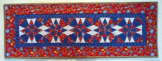 Star red white and blue table runner quilt singaporean fabrics