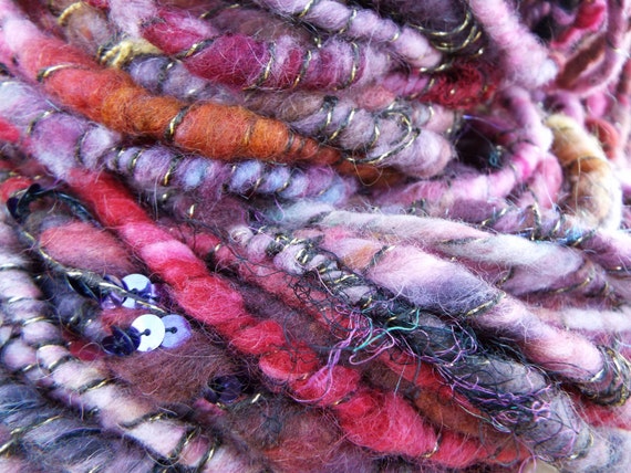 Corespun Art Yarn. Handspun, Hand Dyed. Wool, Silk, Lots of Pinks, Gold Sparkle, Brown