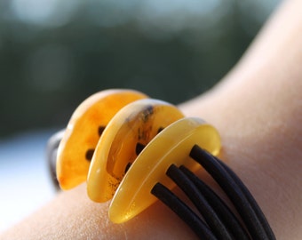 Leather Amber Bracelet Organic Jewelry Milky Earthy Color Brown Yellow Summer Fashion Multi Strand