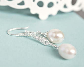 Freshwater Pearl Earrings, Bridal Pearl Earrings, Bridal Earrings, Wedding Jewelry. Sterling Silver