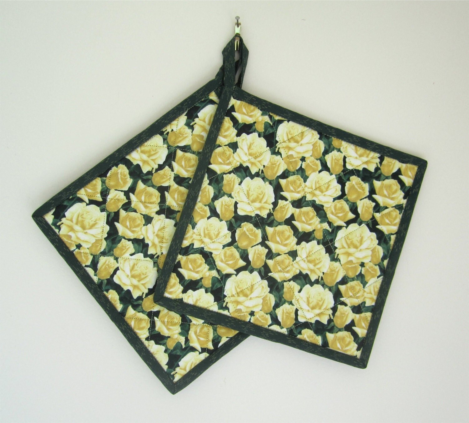 Quilted Potholders Set of Two Yellow Roses by ISewTotes on Etsy