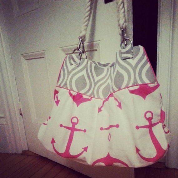 Maine Go Bag with Pink Anchors Gray and Pink Large Canvas Bag ...