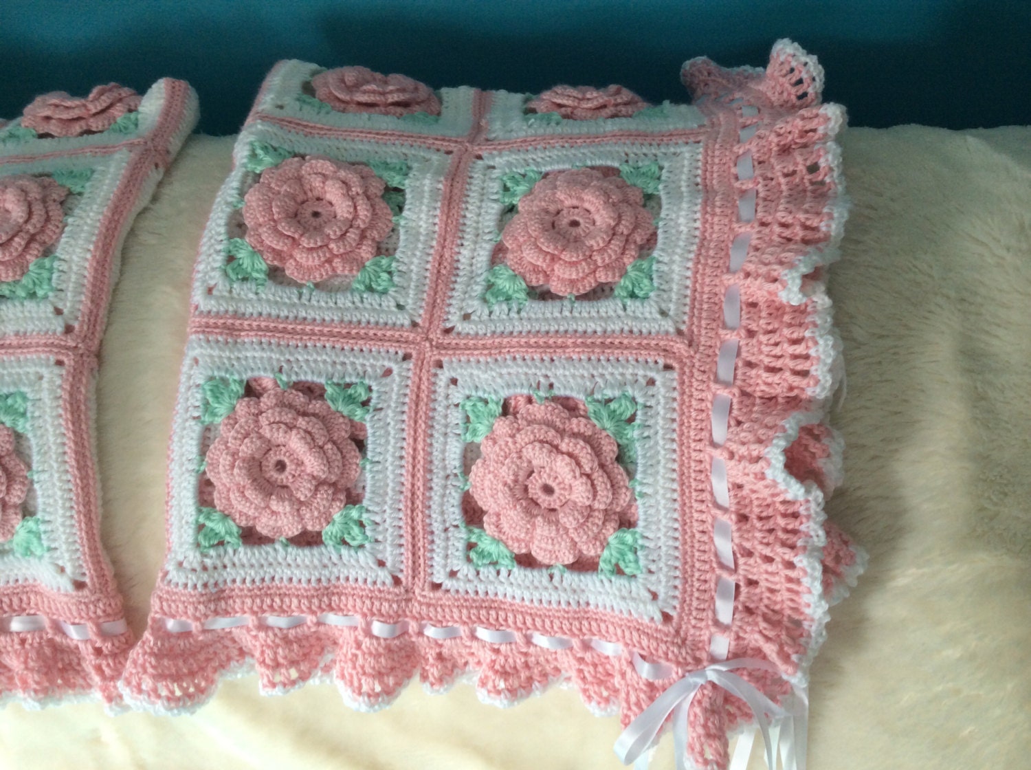 Pink Rose Baby Blanket Throw Floral Afghan Made by sherryann325