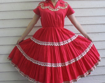 Vintage Red Patio Dress Full Skirt Country Ric Rac Cotton Square Dance S