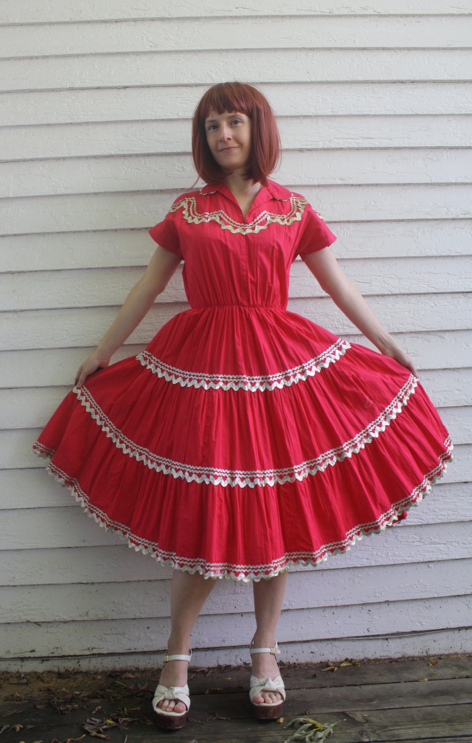 Vintage Red Patio Dress Full Skirt Country Ric Rac Cotton